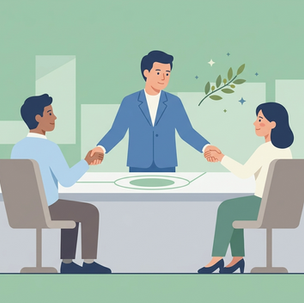 Ilustração de uma liderança mediando uma conversa entre duas pessoas em uma mesa de reunião, representando diálogo, equilíbrio e resolução de conflitos no ambiente de trabalho.