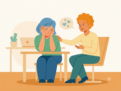 Ilustração de uma pessoa oferecendo apoio a uma colega visivelmente abalada, representando empatia, escuta e acolhimento no ambiente de trabalho.