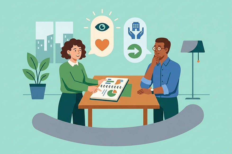 Duas pessoas analisam relatórios em uma reunião, usando escuta, empatia e foco em resultados para resolver questões no ambiente de trabalho.