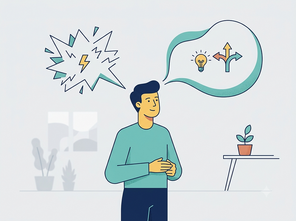 Ilustração de uma pessoa refletindo antes de agir, com símbolos de emoções e tomada de decisão representando inteligência emocional em conversas difíceis.