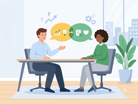 Ilustração de duas pessoas em uma conversa de feedback no ambiente de trabalho, com símbolos de resultados, aprendizado, alinhamento e empatia.