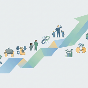 Ilustração de uma jornada de desenvolvimento profissional, com ícones de aprendizado, competências, liderança, colaboração e crescimento organizacional ao longo de uma seta ascendente.