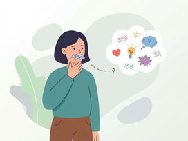 Pessoa com dificuldade para se expressar observa emoções e pensamentos confusos, representando bloqueios emocionais e autoconhecimento.