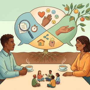 Ilustração de um casal conversando à mesa, com um balão de fala em formato de árvore acima deles contendo ícones de análise, emoções, apoio e ideias.