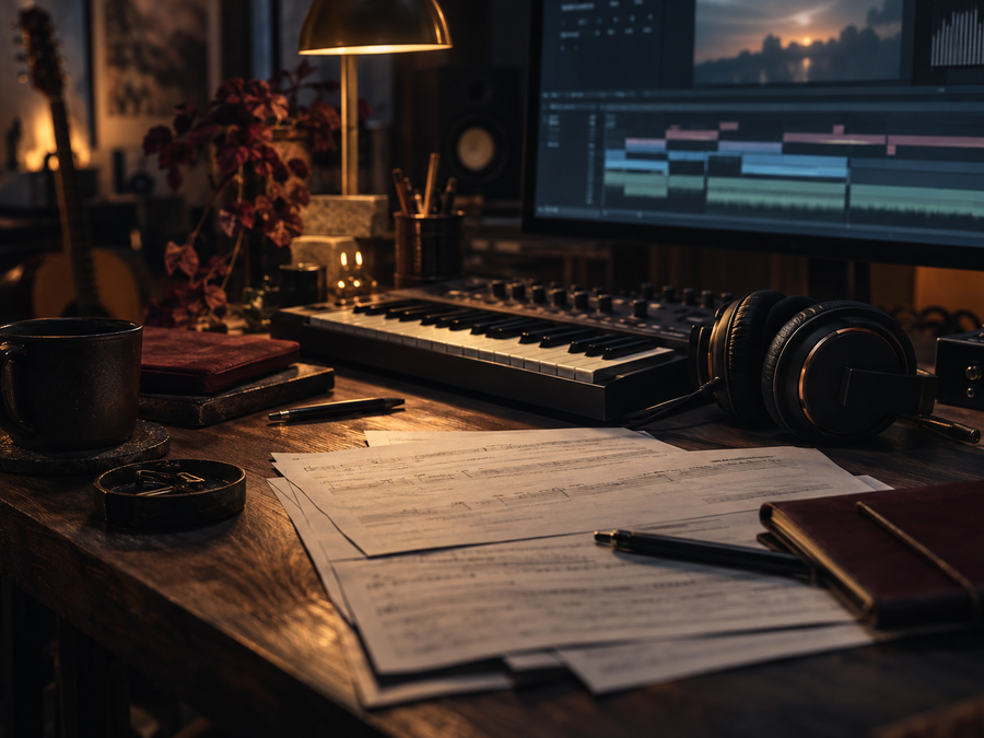 Estudio de composición con teclado, audífonos y línea de tiempo de video