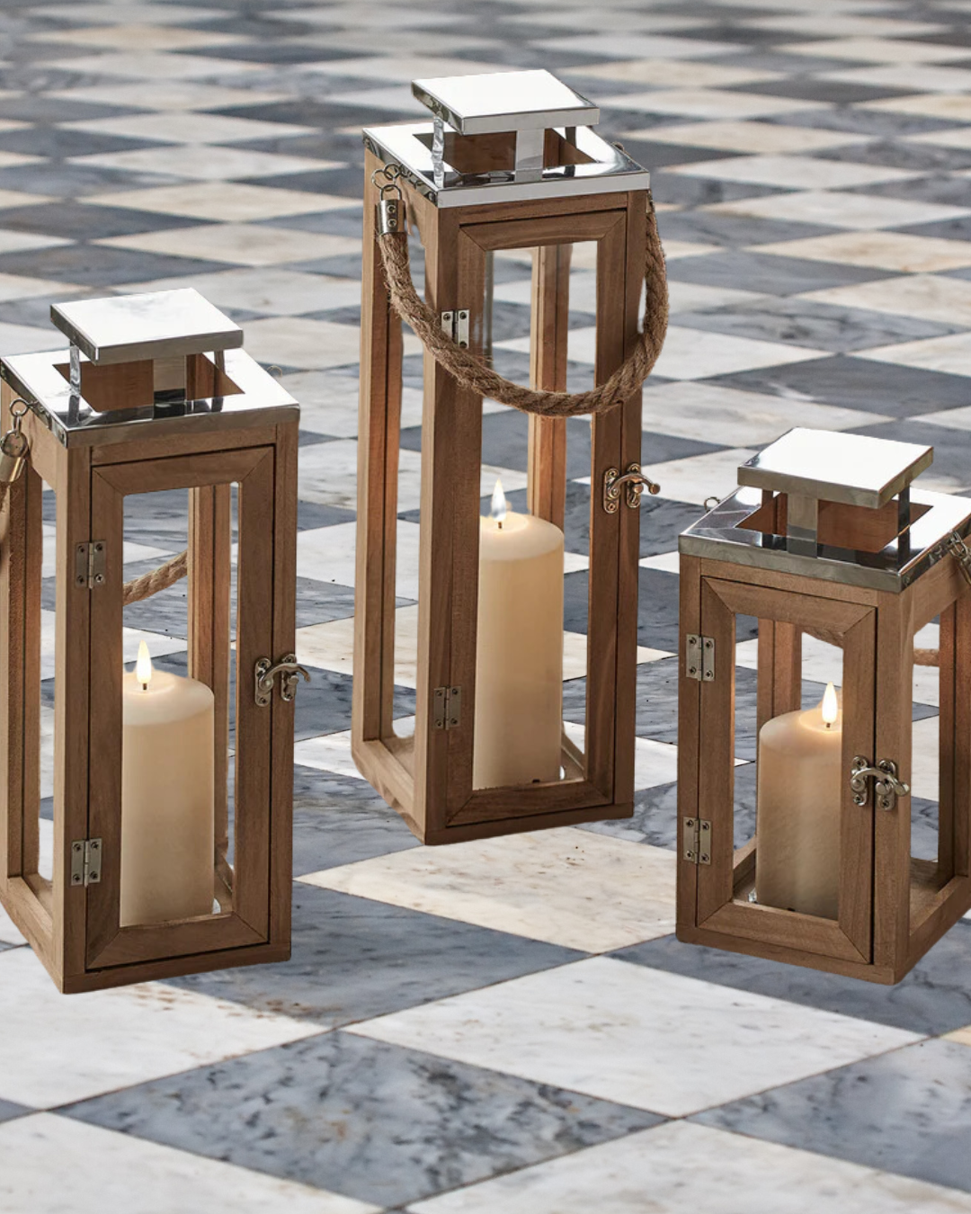 Wooden Lantern Trio with LED candles