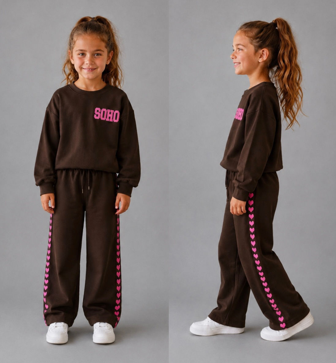 Meisjes SOHO Joggingpak Bruin/Roze – Sweater & Wide Leg Broek | 2-delige Set
