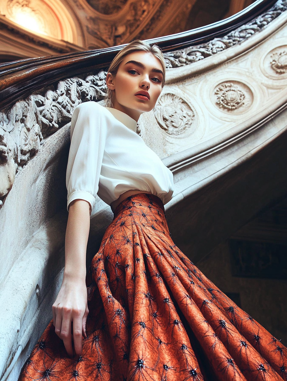 Fashion: Staircase Earwig pattern skirt and white linen blouse
