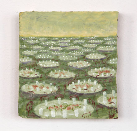 painting of a dining room with many tables set for a meal but empty of people