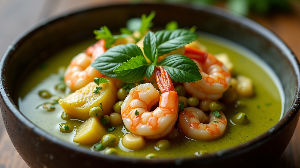 Close-up view of a bowl filled with vibrant green curry with shrimp