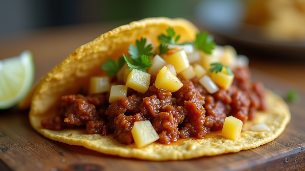 Close-up view of a taco al pastor with pineapple and onions