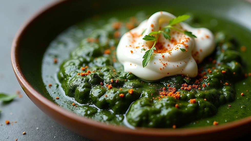 Close-up view of fresh palak paneer garnished with cream and spices