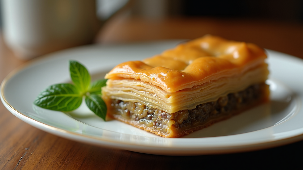 Close-up view of a golden slice of baklava on a plate