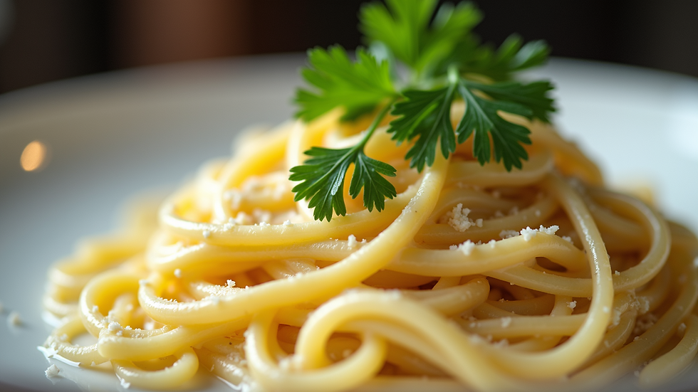 Close-up view of creamy fettuccine Alfredo dish topped with fresh parsley