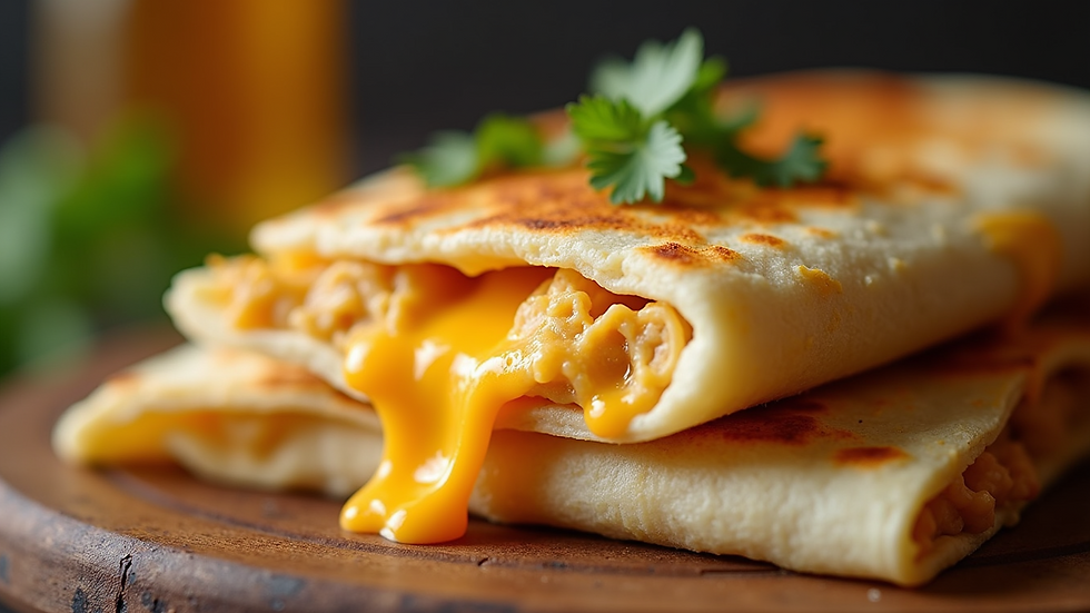 Close-up view of melted cheese oozing from chicken quesadilla