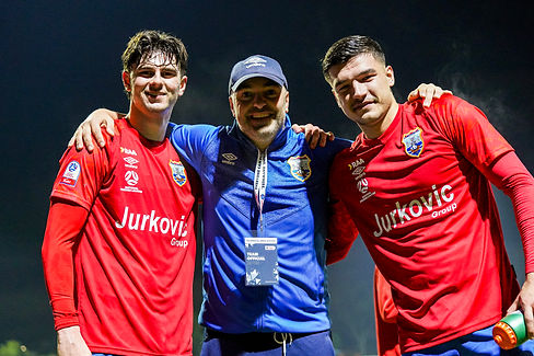 Front Page Football Andoni Natsiopoulos, Adrian D'Aloia, Ninko Beric FK Beograd Adelaide Croatia Raiders NPL SA 2024.jpg