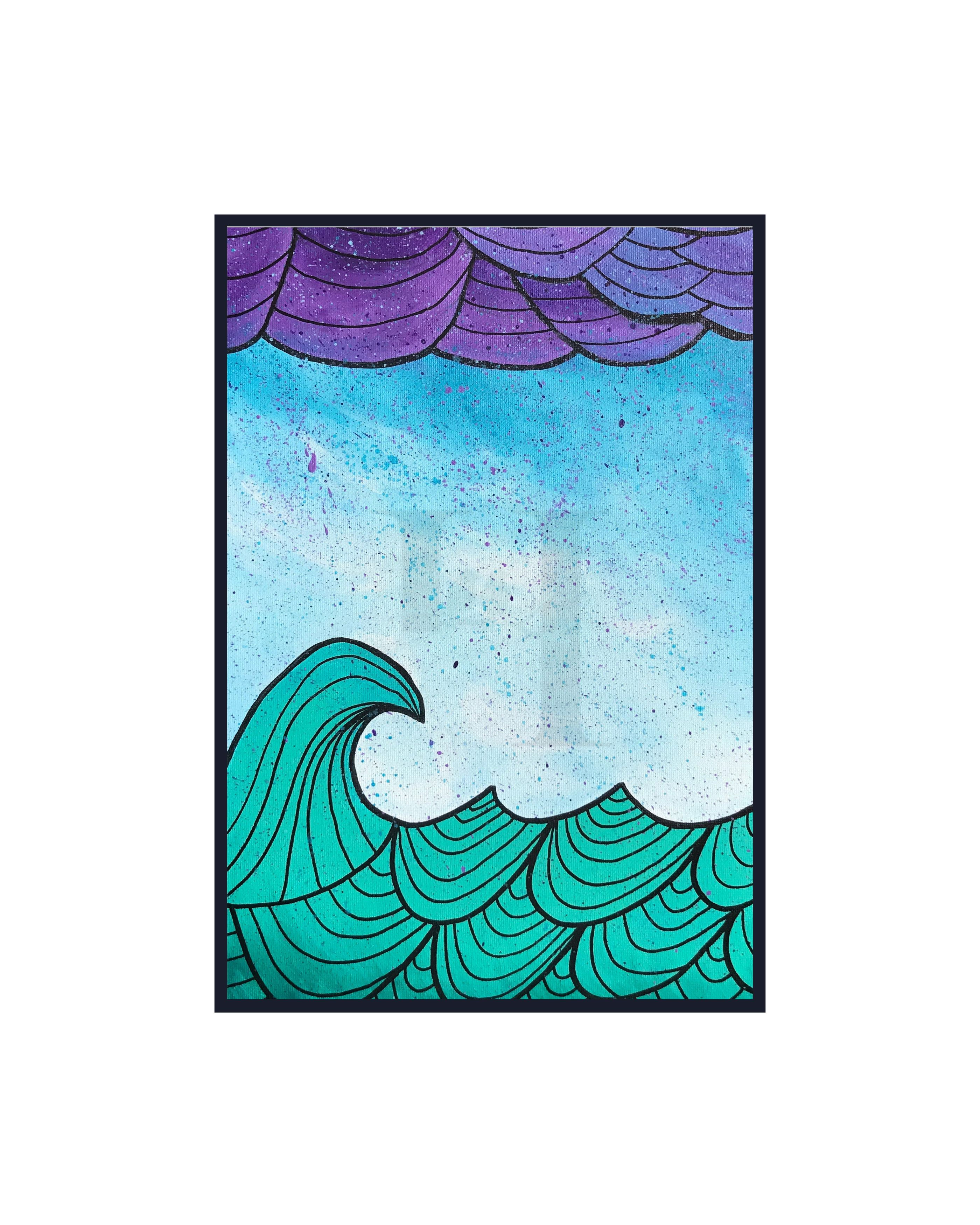 Abstract art of a teal wave and purple clouds with blue sky in the frame