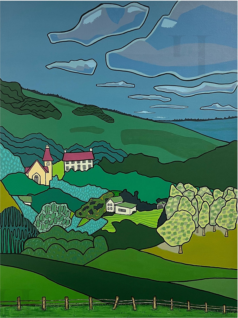 Green landscape painting with church, buildings, trees, and cloudy sky scenery.