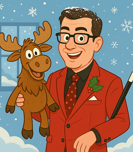 a cartoon drawing of Edd Fairman comedy magician in a red suit holding a moose puppet