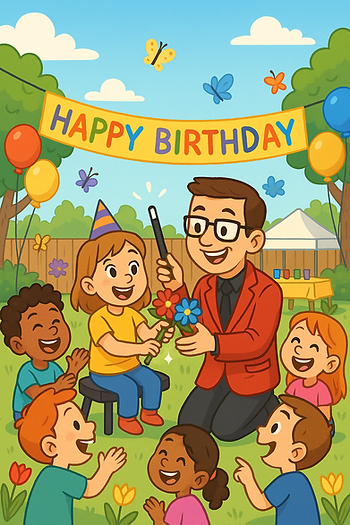 Magician performs for children at a birthday party. Kids sit on grass, laughing. Colorful balloons, banner, butterflies in the background.