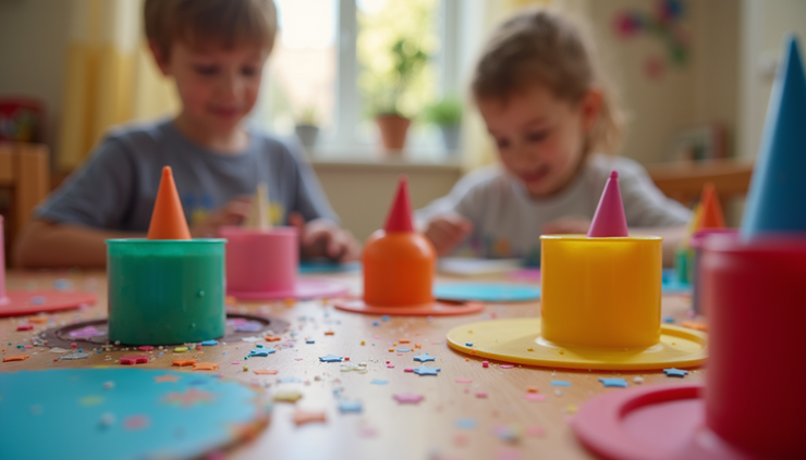 Close-up view of colorful magic props on a table at a children's birthday party