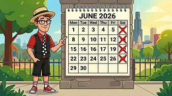 Illustration of a cheerful person in hat points to a June 2026 calendar with Saturdays marked in red. Background shows a park and cityscape.