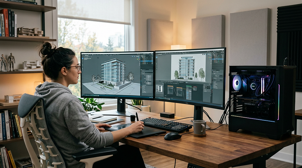 A person in a gray hoodie designs a building on a dual-monitor setup in a modern home office. The room is filled with books and decor.