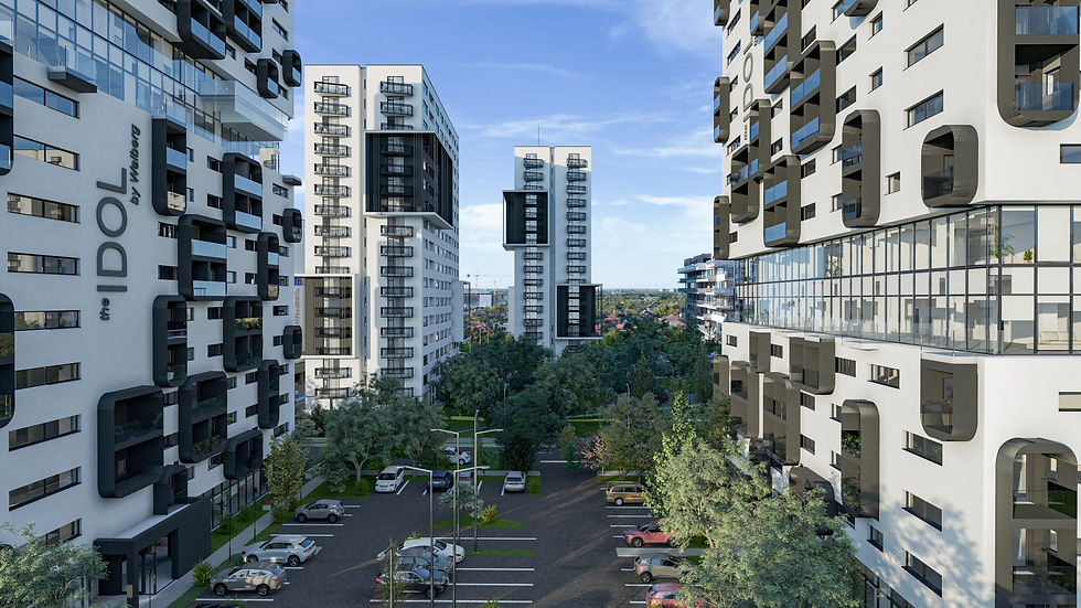 Modern high-rise buildings with unique patterns and large windows; trees and parked cars below. The sky is clear and blue.