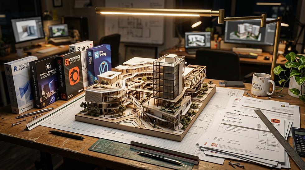 Architectural model on a cluttered desk with software boxes, design tools, and invoices. A lamp illuminates the scene; monitors in the background.