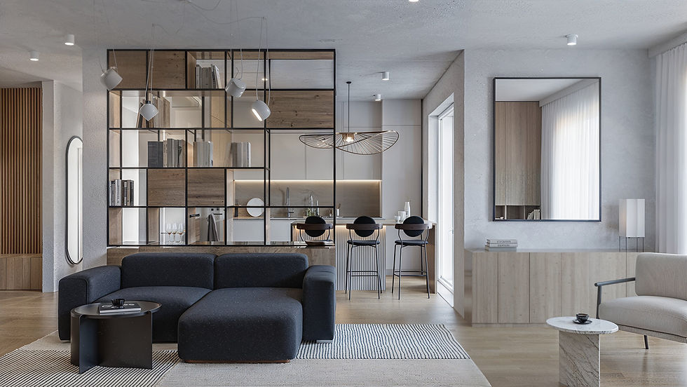 Modern living room with a black sofa, nested tables, striped rug, and a mirror. Kitchen in background with bar stools, warm lighting. Minimalist decor.