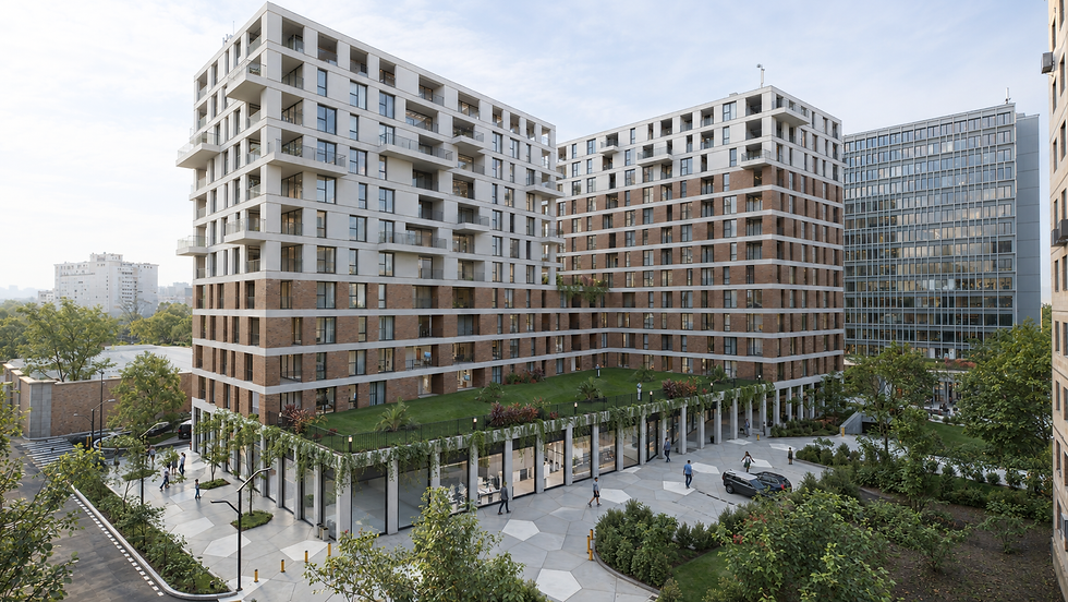 Visual of mixed-use development featuring apartments, shops, and hotel with animated outdoor spaces