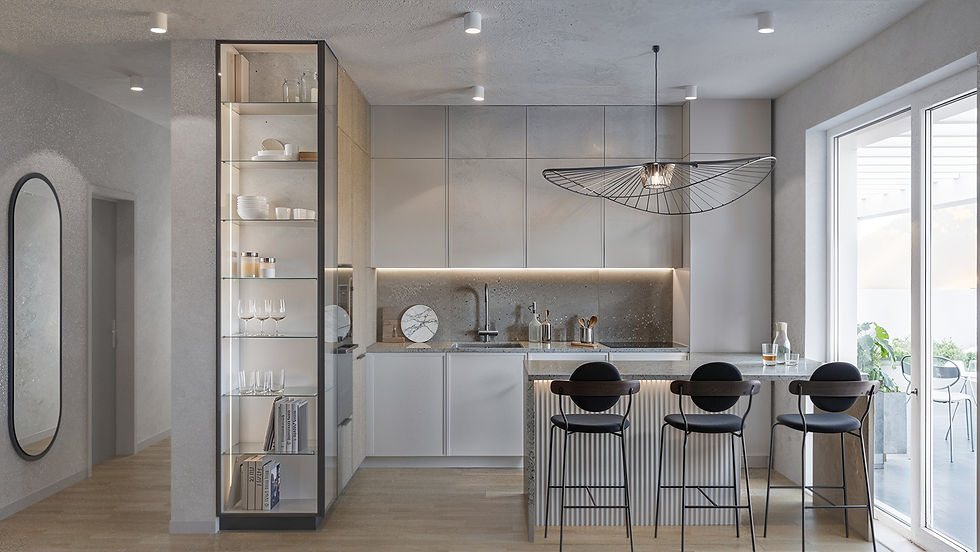 Modern kitchen with sleek cabinets, black bar stools, and a glass shelving unit. Large windows reveal a bright, airy outdoor space.