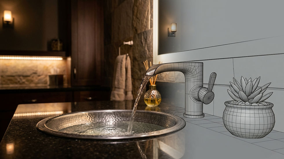 3 de model and render blended in one image representing the process
