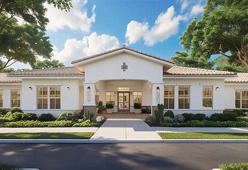 senior care facility, exterior, white, single story, spanish style, modern architecture.j