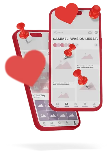 Zwei übereinander schwebende Smartphones vor pinkem Hintergrund zeigen eine visuelle Darstellung der Pinterest-App. Auf den Bildschirmen sind gepinnte Inhalte mit roten Stecknadeln und Herzen zu sehen. Im oberen Screen steht der Satz: „Sammel, was du liebst.“
