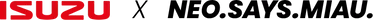Zwei nebeneinanderstehende Logos: links das rote ISUZU-Logo, rechts daneben ein schwarzes ‚X‘ als Verbindungszeichen. Darauf folgt der Schriftzug ‚NEO.SAYS.MIAU.‘ in fett gesetzter, schwarzer Schrift. Das Motiv steht für eine Zusammenarbeit zwischen ISUZU und uns, der neo.says.miau GmbH.