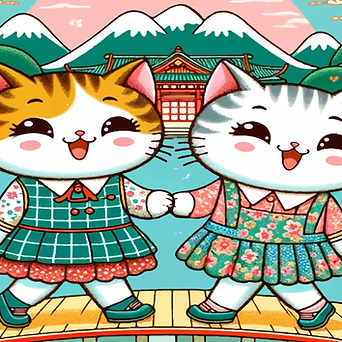 A couple of kitsch Chinese inspired cats walk in an oriental garden