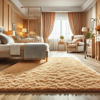 A bright and beautifully designed senior citizen's bedroom with a plush, soft carpet in warm colors. The room features cozy, accessible furniture, creating a welcoming and relaxing atmosphere.