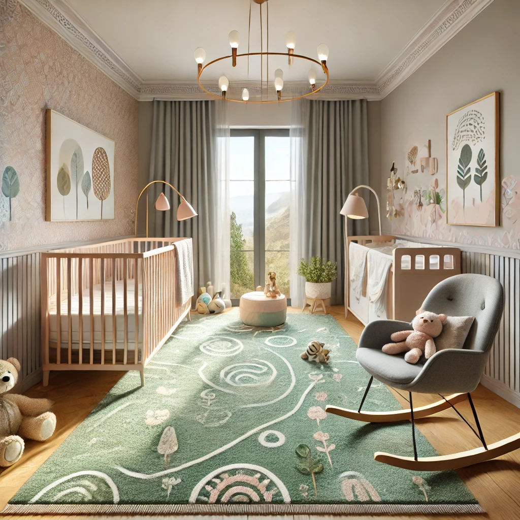 Nursery with a pastel green rug, crib, rocking chair, changing table, and playful art.