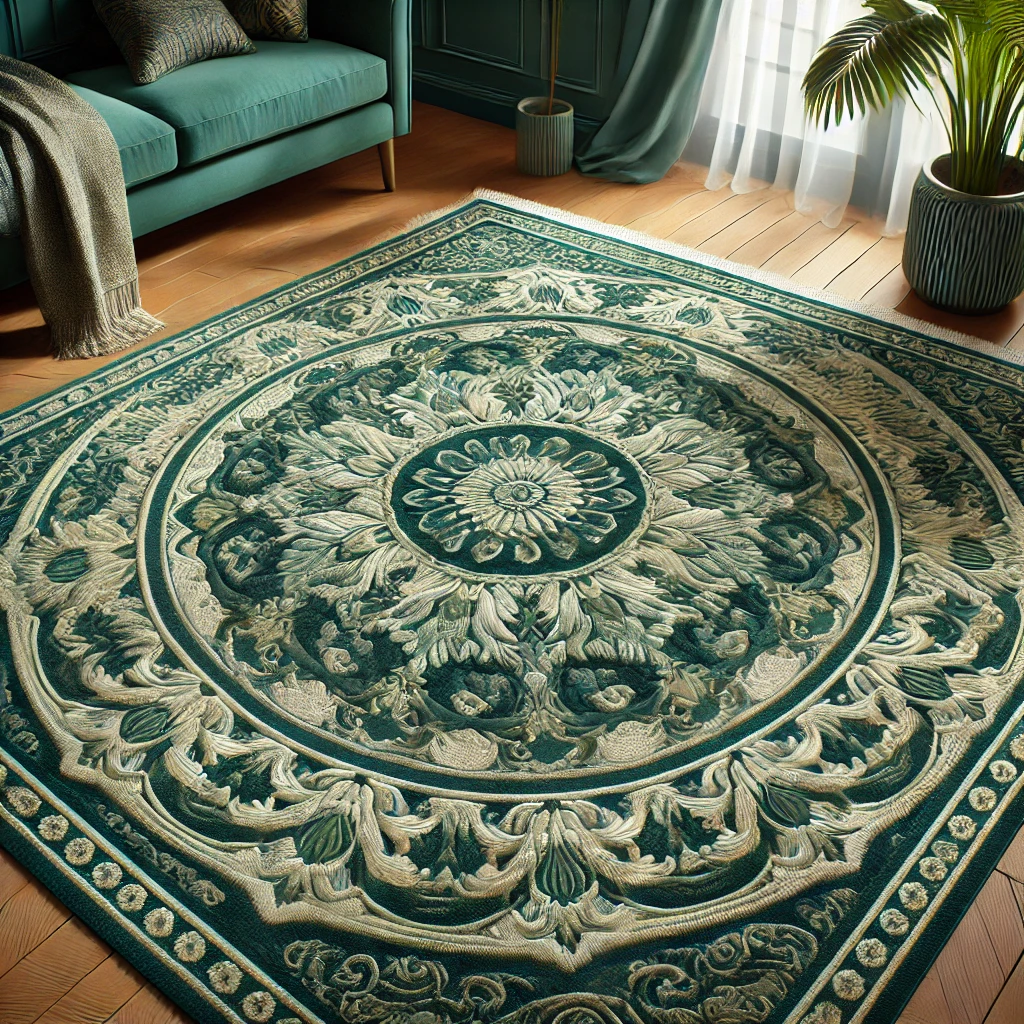 Custom-made emerald green rug with an intricate traditional pattern