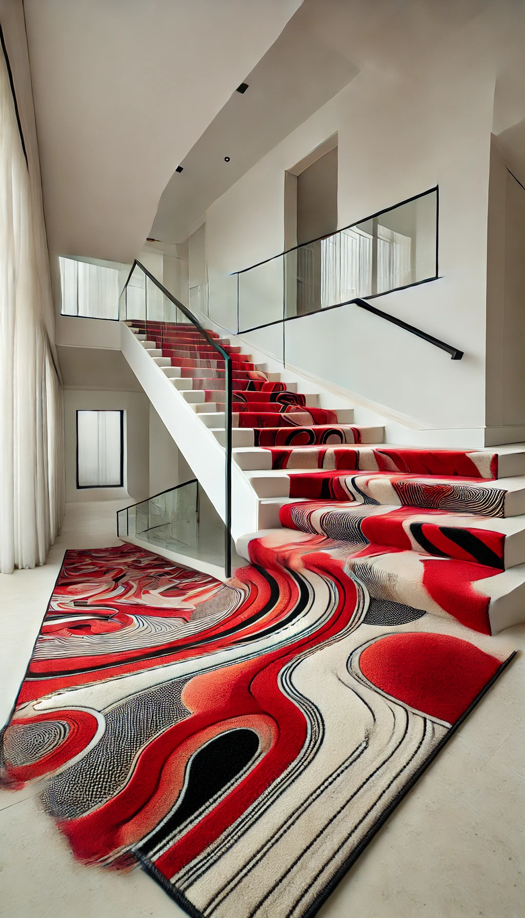 "A contemporary staircase with a custom carpet runner in bright red, featuring bold abstract designs, glass railings, and white walls."