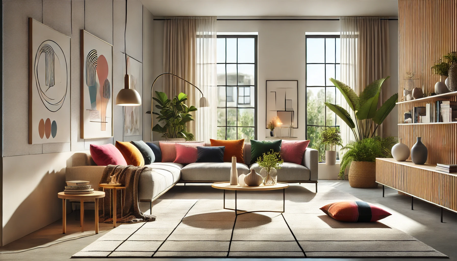 Stylish living room with a neutral-colored carpet, vibrant furniture, colorful throw pillows, sleek coffee table, and minimalist artwork, flooded with natural light and indoor plants.