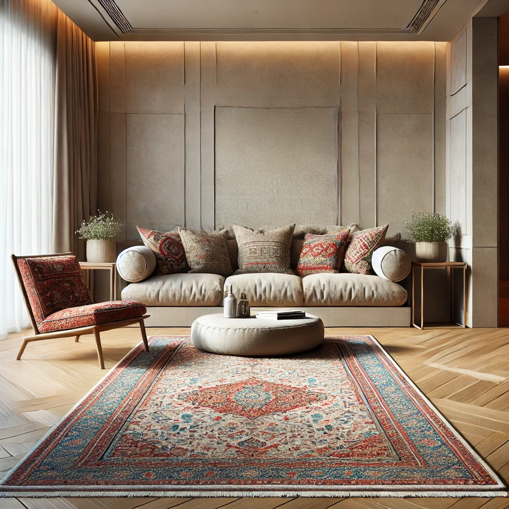 Appropriately sized Persian rug defining a seating area.