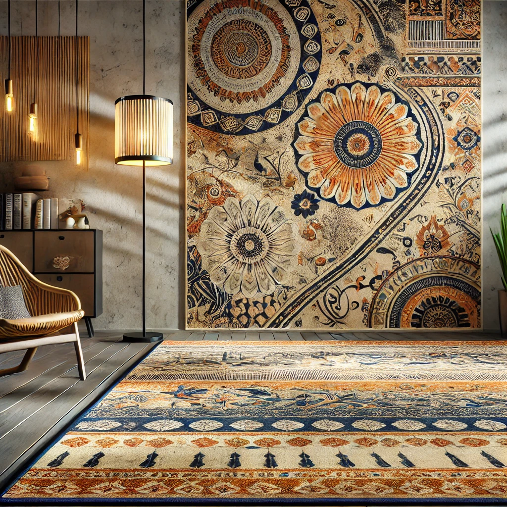 A carpet design combining traditional Indian motifs with Scandinavian minimalism and Japanese wabi-sabi principles, featuring intricate patterns, clean lines, and natural elements. The well-lit setting showcases the innovative fusion of styles.