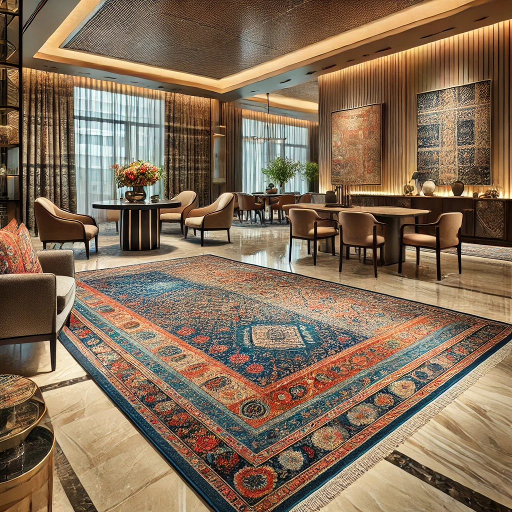 A luxurious modern Indian carpet with intricate patterns and vibrant colors, blending traditional and contemporary elements. Displayed in an elegant, high-end interior with stylish furniture and décor, highlighting its global appeal and craftsmanship.