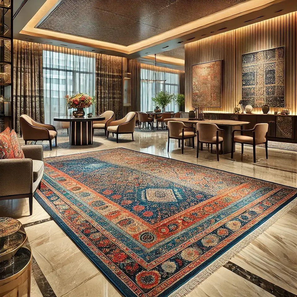 A luxurious modern Indian carpet with intricate patterns and vibrant colors, blending traditional and contemporary elements. Displayed in an elegant, high-end interior with stylish furniture and décor, highlighting its global appeal and craftsmanship.
