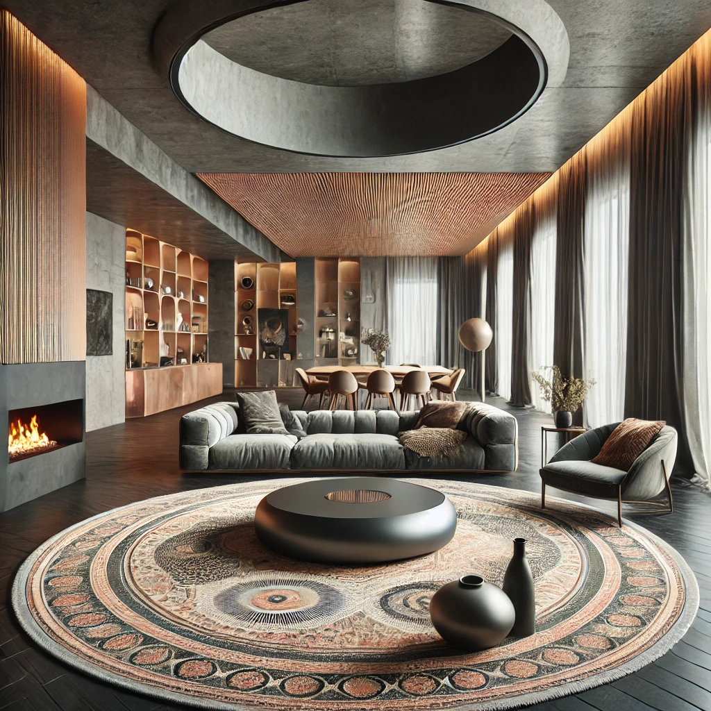 A modern living room featuring an unconventional round Persian rug. The unique shape adds an unexpected element to the interior, creating a captivating focal point that enhances the contemporary design with traditional craftsmanship.