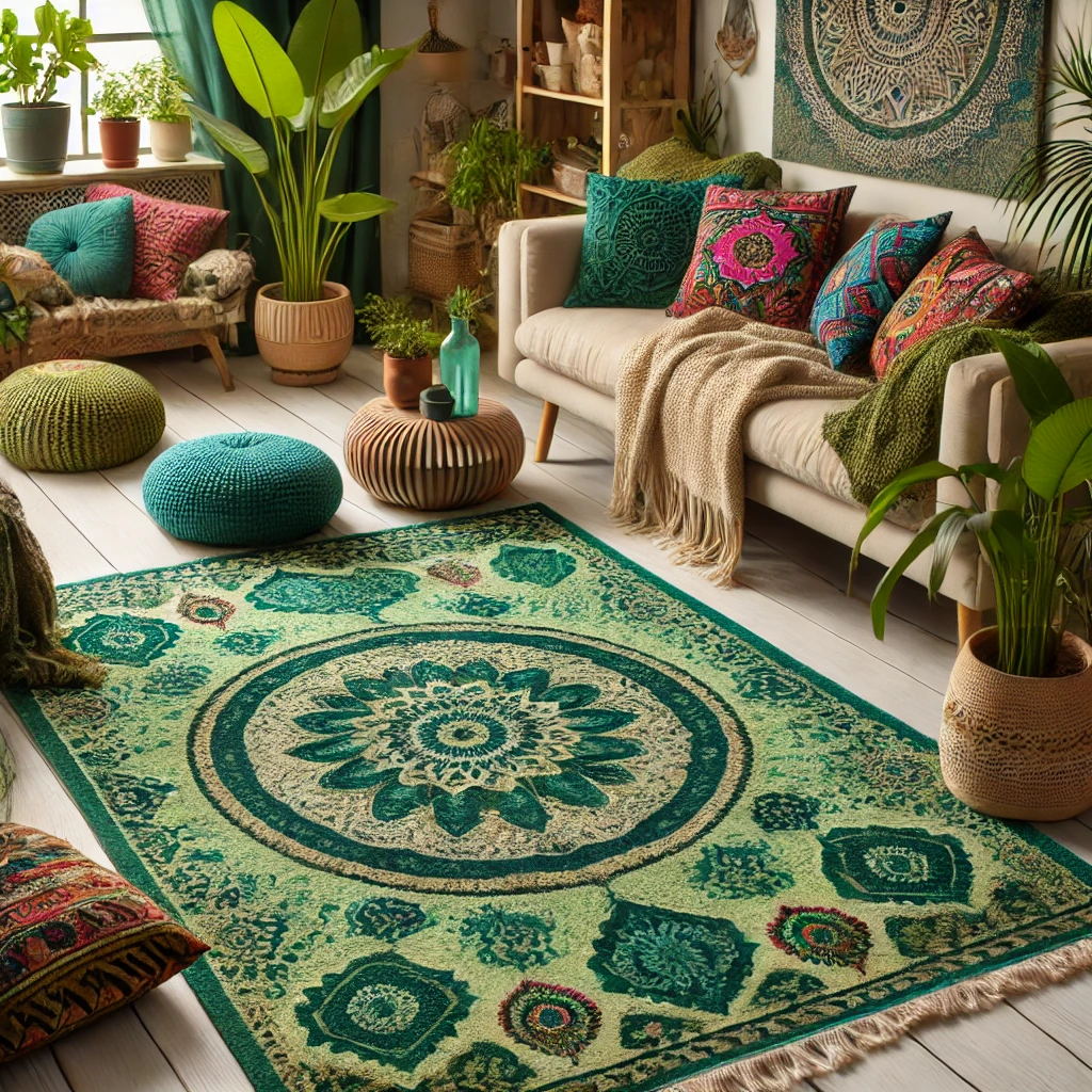Bohemian living room with a vibrant emerald green rug, colorful cushions, and indoor plants.