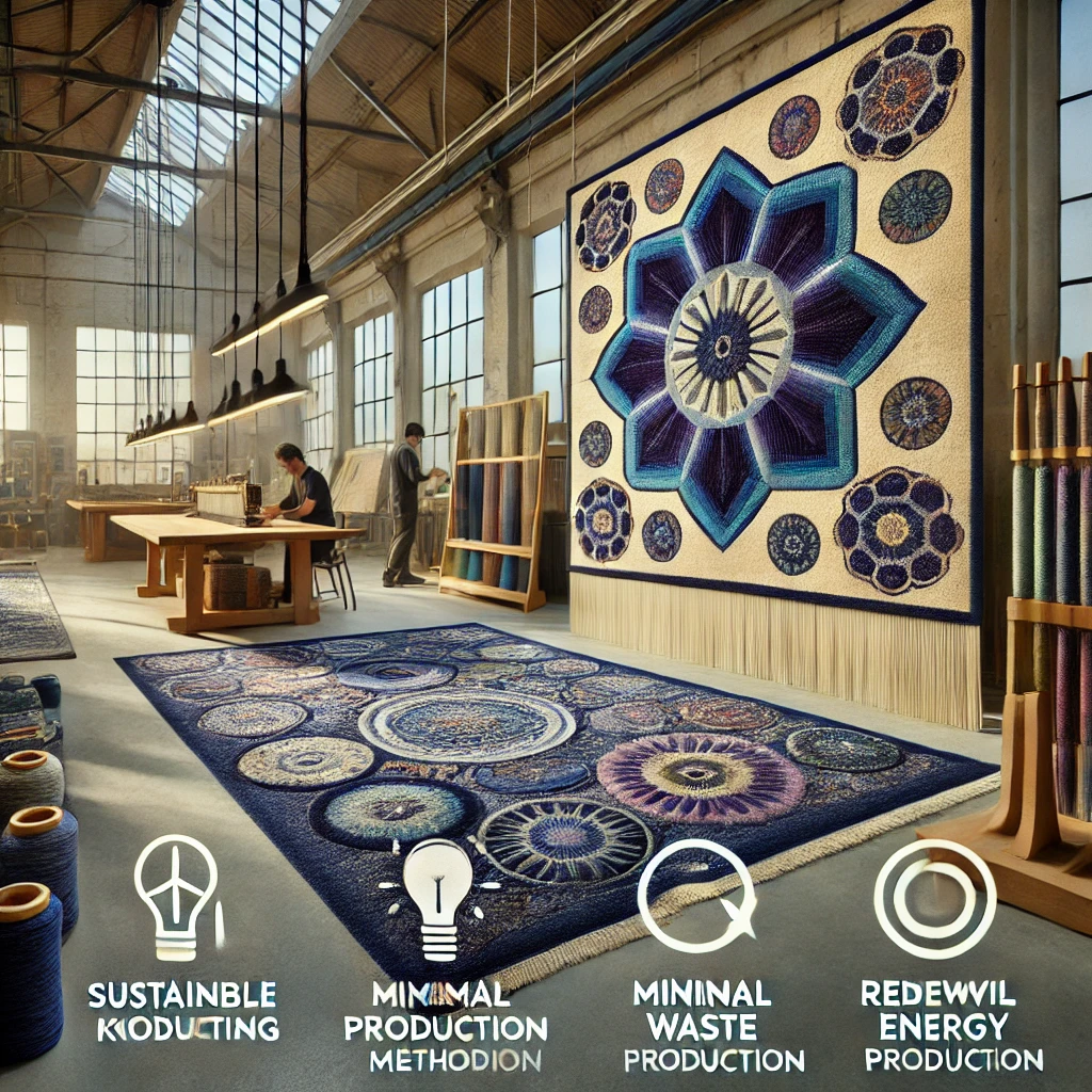 A carpet with blue and purple colors, created using sustainable hand-knotting, hand-tufting, and weaving methods. The design features intricate patterns, and the well-lit setting highlights the craftsmanship and minimal waste production, emphasizing eco-friendly practices.