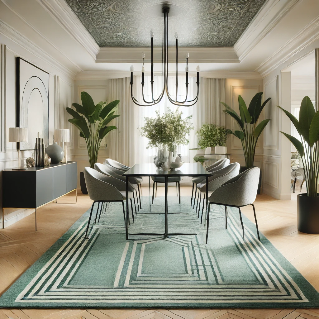 Dining room with a mint green rug, sleek dining table, elegant chairs, and stylish chandelier.